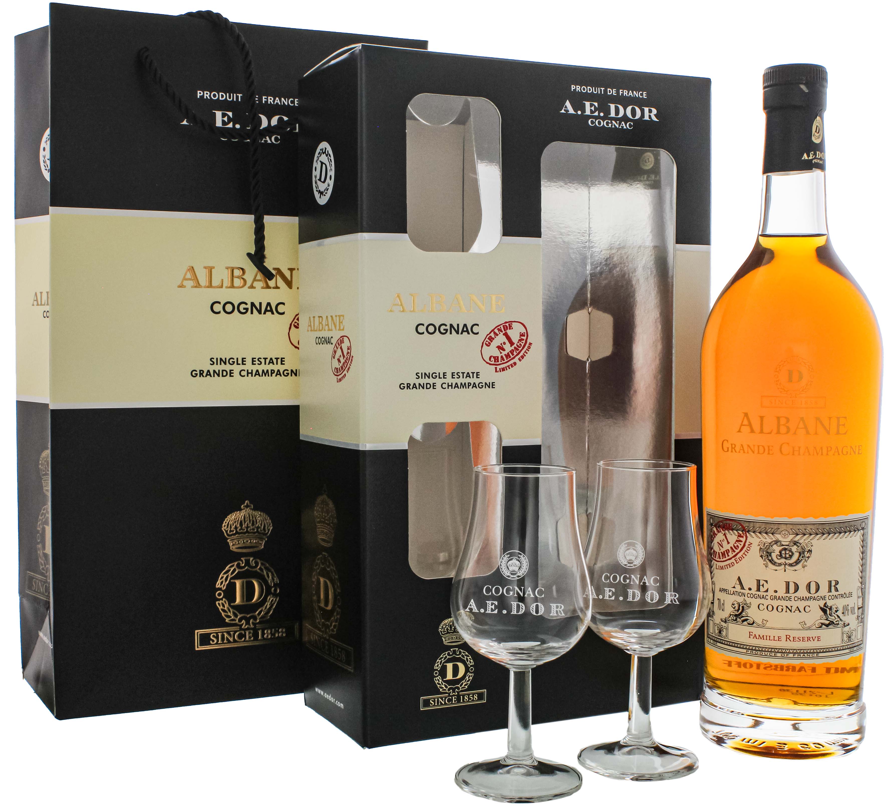 A.E. Dor Cognac Grande Champagne Albane Edition 0,7L 40% Set mit 2 Gläser