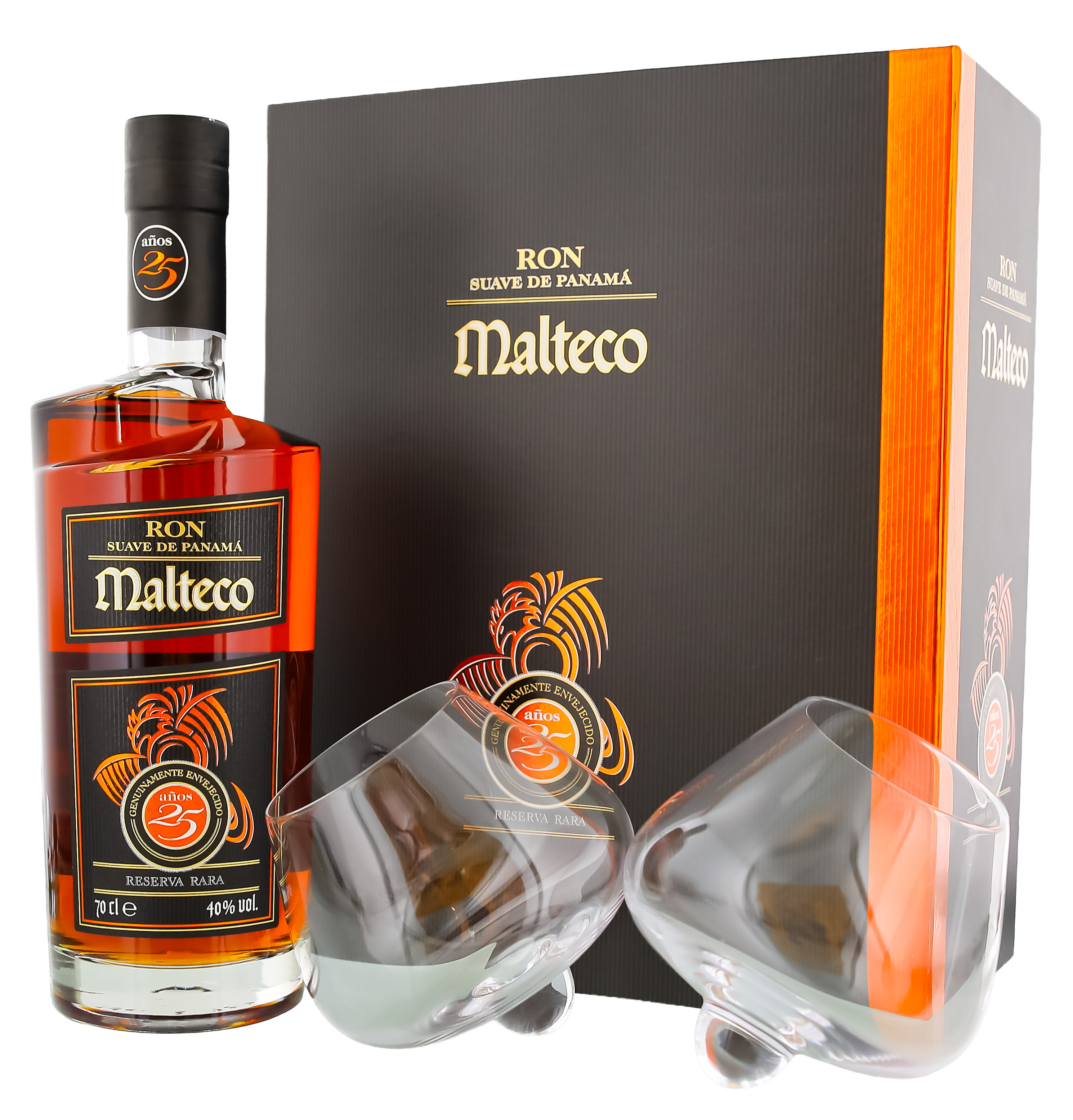 Malteco Rum 25 Jahre 0,7L 40% + 2 Gläser